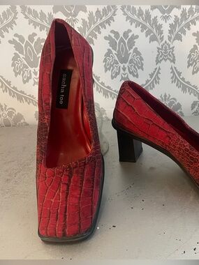 Sacha Too Red Croc-Embossed Block Heel Pump